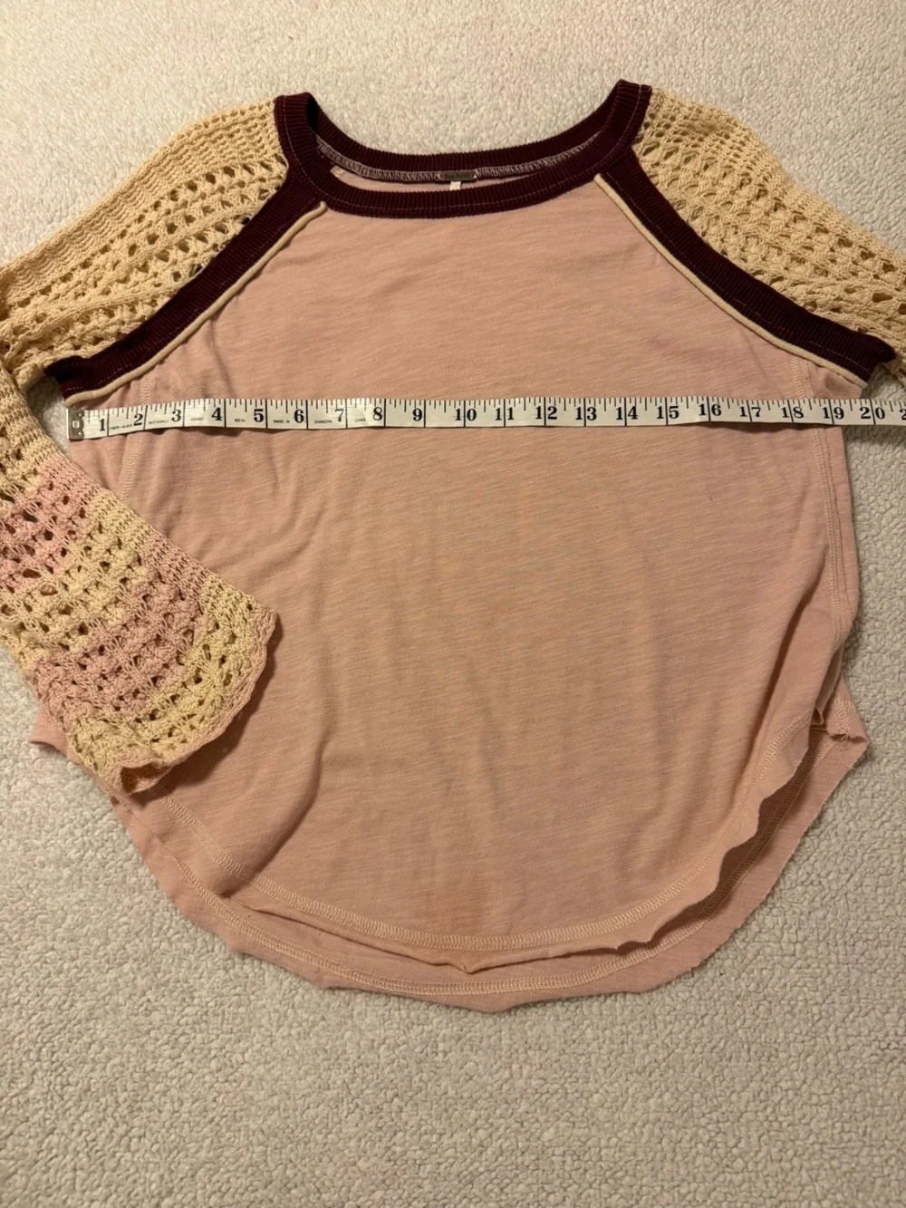Free People Finders Keepers Rose Pink Cream Crochet Raglan Sleeve Boho Top S